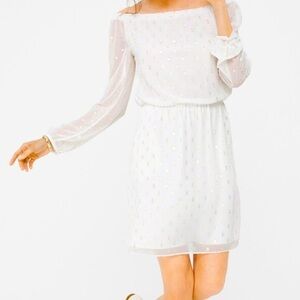 WHBM White & Gold Metallic Chiffon Off the Shoulder Fit & Flare Dress Size XS